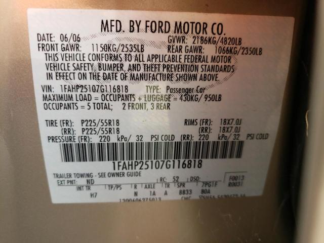 1FAHP25107G116818 - 2007 FORD FIVE HUNDR BEIGE photo 10