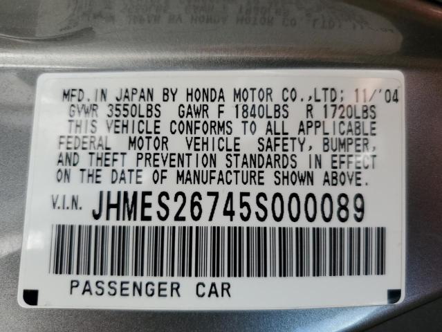 JHMES26745S000089 - 2005 HONDA CIVIC EX GRAY photo 10