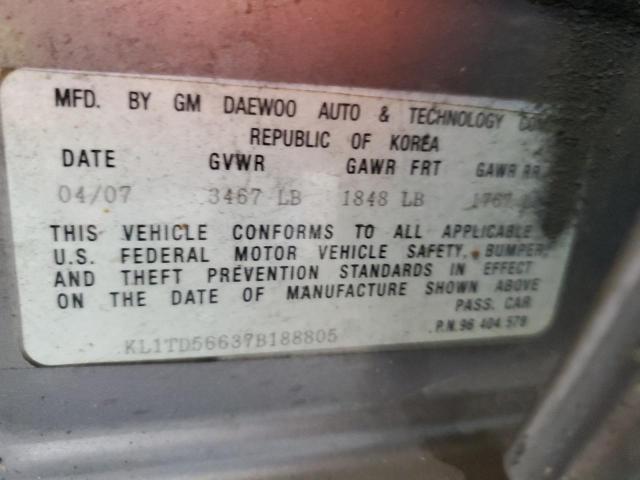 KL1TD56637B188805 - 2007 CHEVROLET AVEO BASE GRAY photo 10