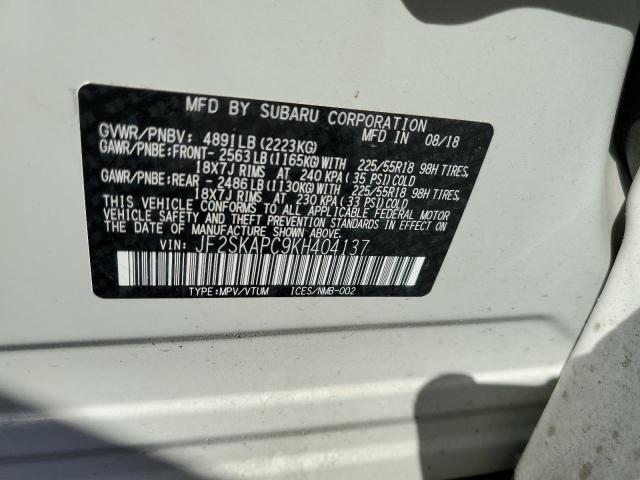 JF2SKAPC9KH404137 - 2019 SUBARU FORESTER S WHITE photo 10
