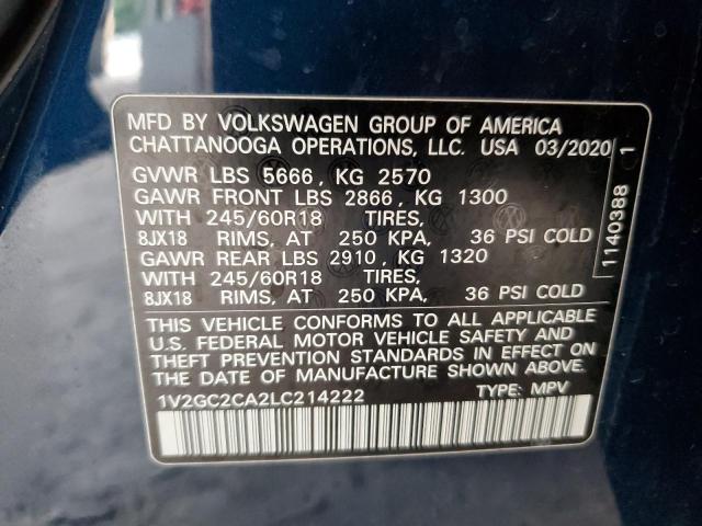 1V2GC2CA2LC214222 - 2020 VOLKSWAGEN ATLAS CROS BLUE photo 10