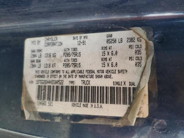 1B7GG26X4NS580522 - 1992 DODGE DAKOTA BLUE photo 10