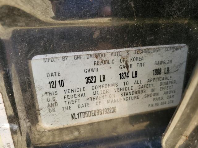 KL1TD5DE0BB193236 - 2011 CHEVROLET AVEO LS 黑色 照片 10