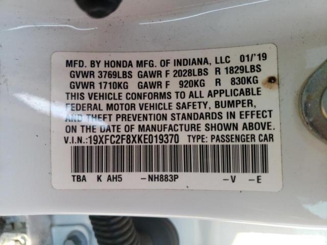 19XFC2F8XKE019370 - 2019 HONDA CIVIC SPOR WHITE photo 10