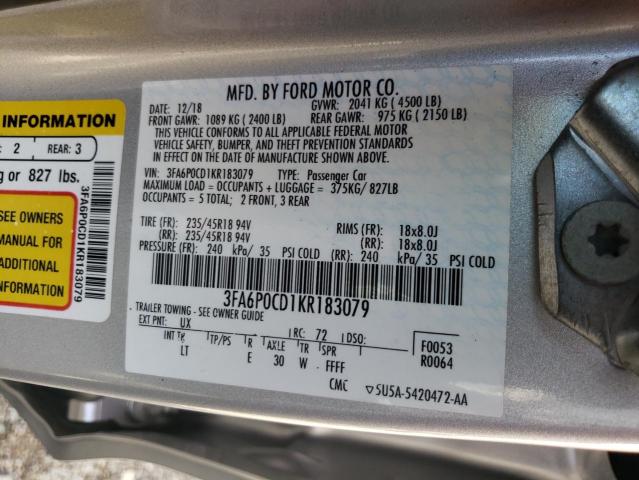 3FA6P0CD1KR183079 - 2019 FORD FUSION SEL SILVER photo 10