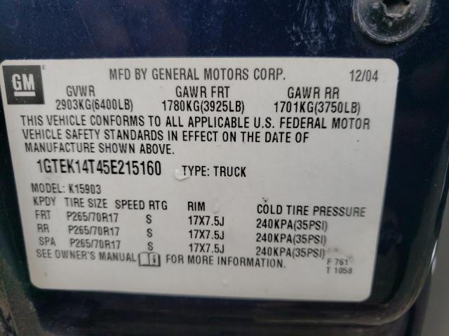 1GTEK14T45E215160 - 2005 GMC NEW SIERRA BLUE photo 10