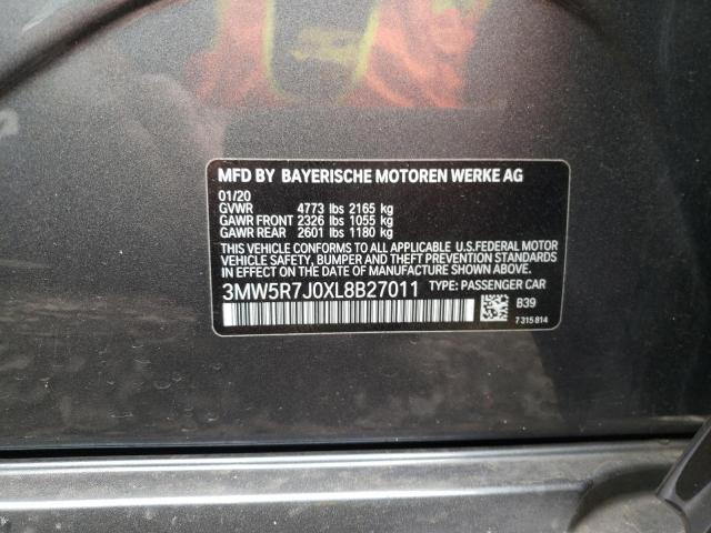 3MW5R7J0XL8B27011 - 2020 BMW 330XI GRAY photo 10