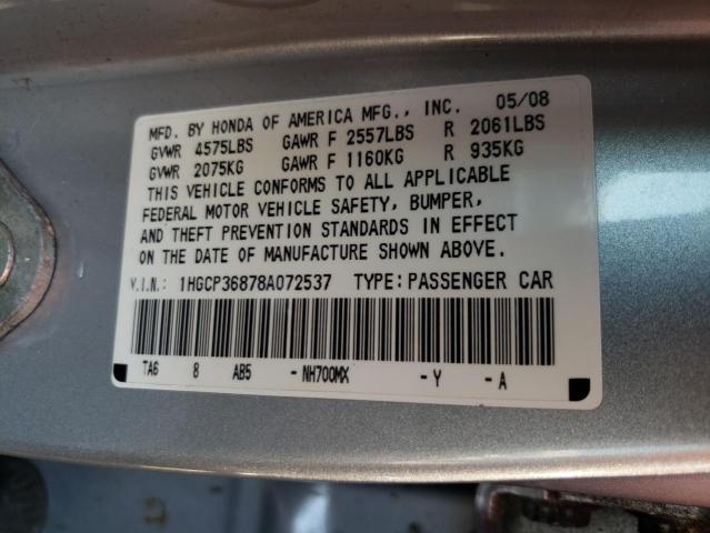 1HGCP36878A072537 - 2008 HONDA ACCORD EXL SILVER photo 10