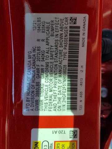 2HGFE2F57NH556028 - 2022 HONDA CIVIC SPOR RED photo 10