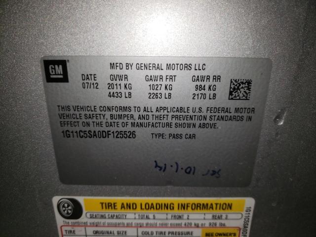 1G11C5SA0DF125526 - 2013 CHEVROLET MALIBU 1LT ვერცხლისფერი ფოტო 10