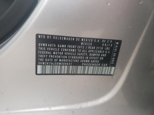3VW2K7AJ3DM309531 - 2013 VOLKSWAGEN JETTA BASE SILVER photo 10