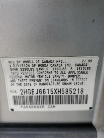 2HGEJ6615XH585218 - 1999 HONDA CIVIC BASE SILVER photo 10