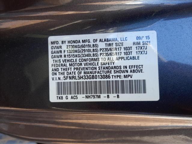 5FNRL5H33GB013086 - 2016 HONDA ODYSSEY SE GRAY photo 10