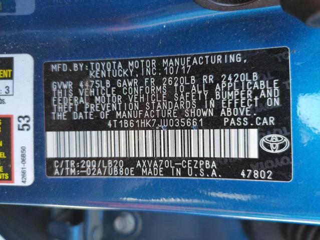 4T1B61HK7JU035661 - 2018 TOYOTA CAMRY XSE BLUE photo 10