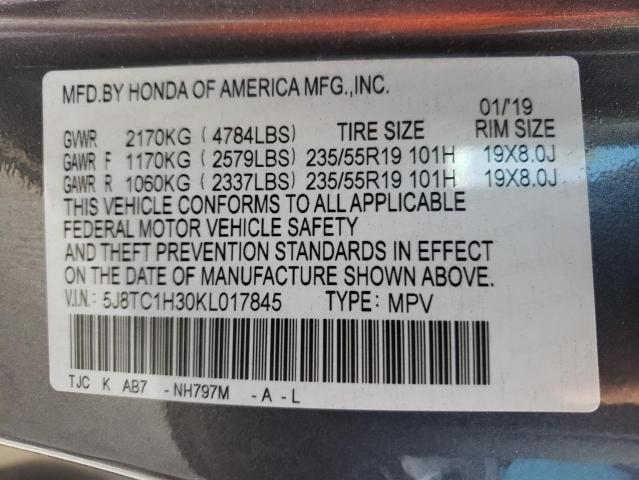 5J8TC1H30KL017845 - 2019 ACURA RDX GRAY photo 10