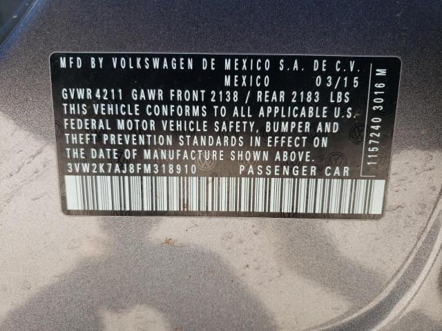 3VW2K7AJ8FM318910 - 2015 VOLKSWAGEN JETTA BASE 灰色 照片 10