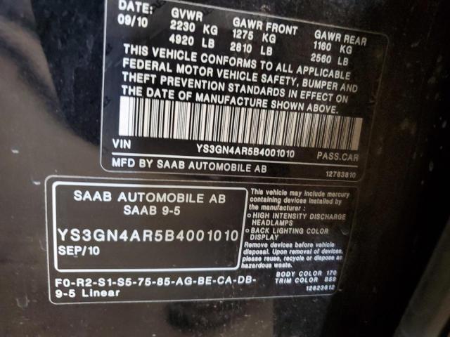 YS3GN4AR5B4001010 - 2011 SAAB 9-5 TURBO BLACK photo 10