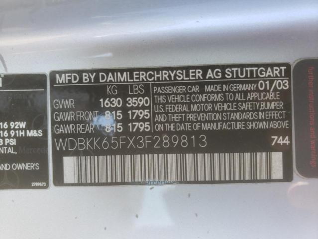 WDBKK65FX3F289813 - 2003 MERCEDES-BENZ SLK 320 SILVER photo 10