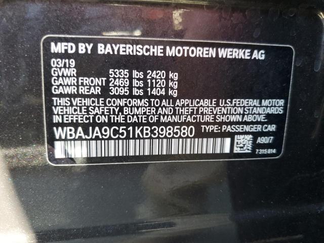 WBAJA9C51KB398580 - 2019 BMW 530E CHARCOAL photo 10