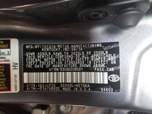 4T1BK1EB3GU236501 - 2016 TOYOTA AVALON XLE GRAY photo 10