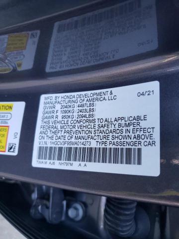 1HGCV3F95MA014273 - 2021 HONDA ACCORD TOU GRAY photo 10