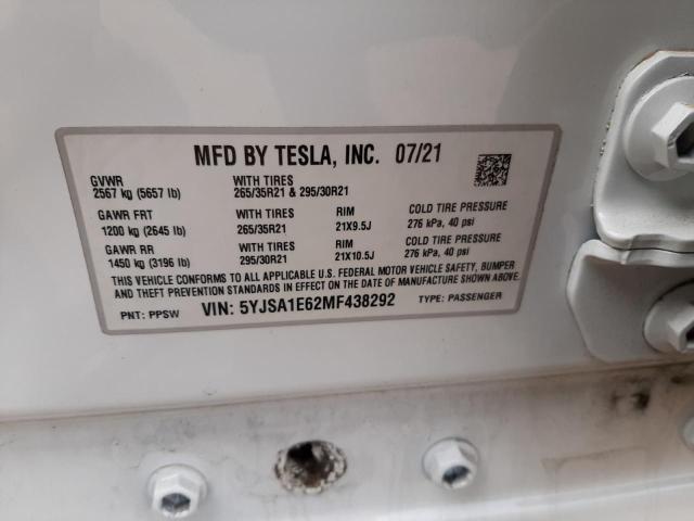 5YJSA1E62MF438292 - 2021 TESLA MODEL S Ağ foto 10