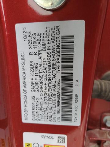 19UUB6F50MA003905 - 2021 ACURA TLX TECH A RED photo 10