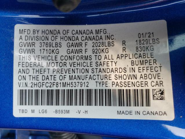 2HGFC2F81MH537912 - 2021 HONDA CIVIC SPOR BLUE photo 10