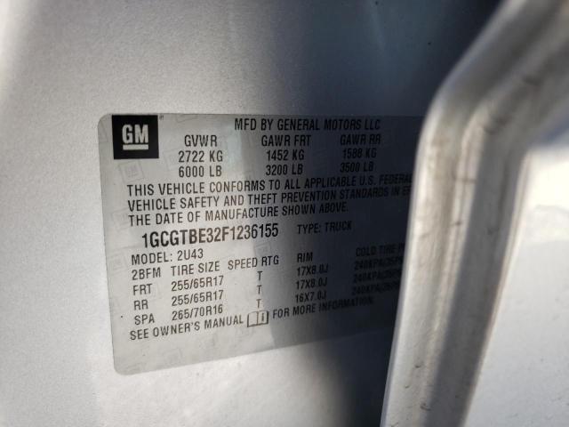 1GCGTBE32F1236155 - 2015 CHEVROLET COLORADO L SILVER photo 10