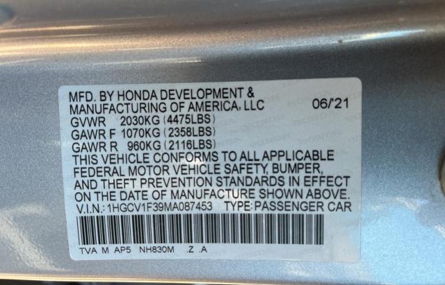 1HGCV1F39MA087453 - 2021 HONDA ACCORD SPO GRAY photo 10