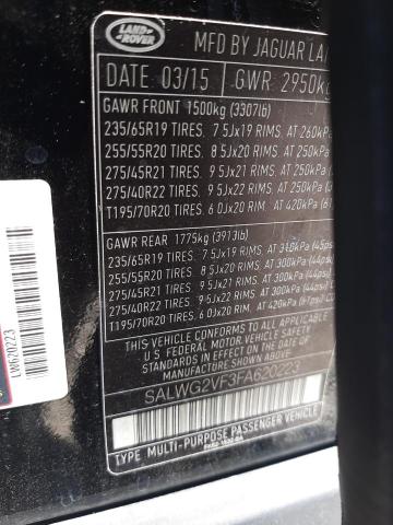 SALWG2VF3FA620223 - 2015 LAND ROVER RANGE ROVE BLACK photo 10