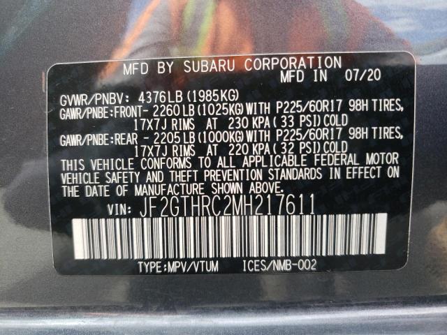 JF2GTHRC2MH217611 - 2021 SUBARU CROSSTREK CHARCOAL photo 10