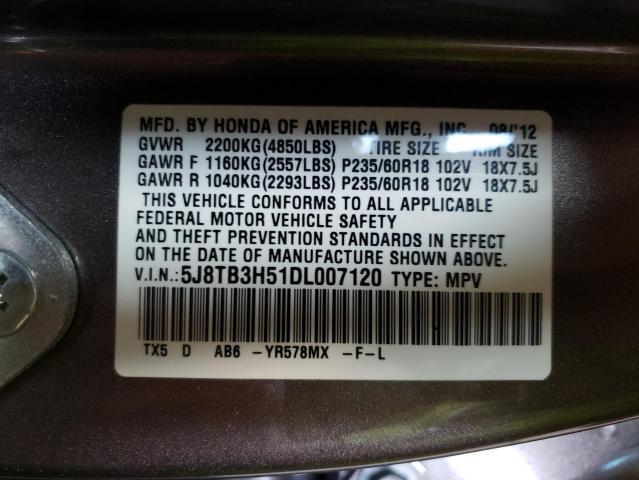 5J8TB3H51DL007120 - 2013 ACURA RDX TECHNO GRAY photo 10