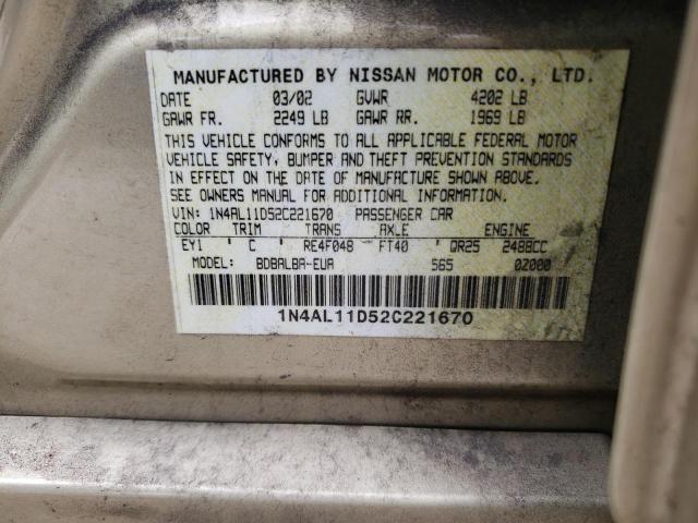 1N4AL11D52C221670 - 2002 NISSAN ALTIMA BAS WHITE photo 10