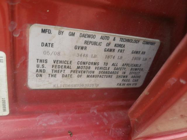 KL1TD66E99B302578 - 2009 CHEVROLET AVEO LS 红色 照片 10