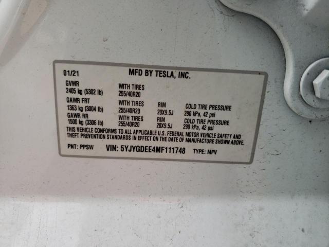 5YJYGDEE4MF111748 - 2021 TESLA MODEL Y Blanc photo 10