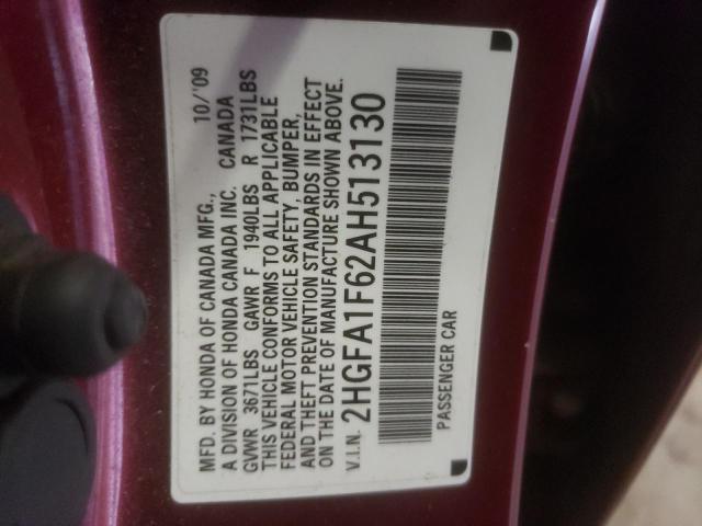 2HGFA1F62AH513130 - 2010 HONDA CIVIC LX-S წითელი ფოტო 10