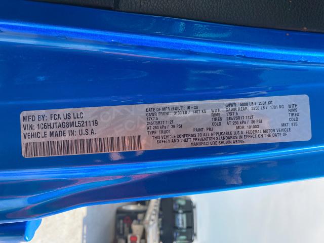 1C6HJTAG8ML521119 - 2021 JEEP GLADIATOR BLUE photo 10