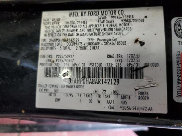 3FAHP0HA8AR142129 - 2010 FORD FUSION 4D BLACK photo 10