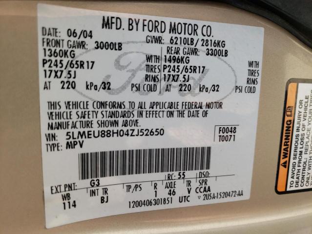 5LMEU88H04ZJ52650 - 2004 LINCOLN AVIATOR 金色 照片 10