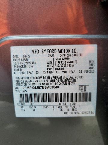 2FMPK4J97NBA08840 - 2022 FORD EDGE SEL GRAY photo 10