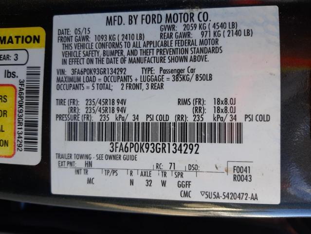 3FA6P0K93GR134292 - 2016 FORD FUSION TIT BLACK photo 10