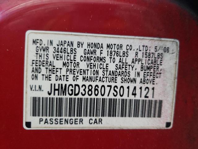 JHMGD38607S014121 - 2007 HONDA FIT S RED photo 10