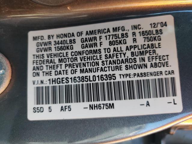 1HGES16385L016395 - 2005 HONDA CIVIC DX V GRAY photo 10