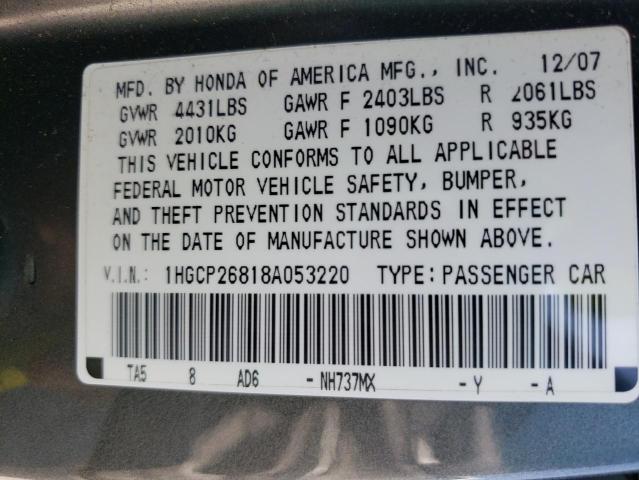 1HGCP26818A053220 - 2008 HONDA ACCORD EXL GRAY photo 10