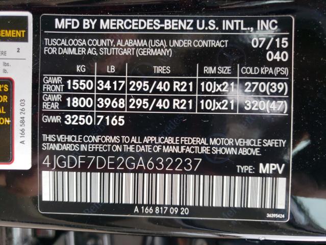 4JGDF7DE2GA632237 - 2016 MERCEDES-BENZ GL 550 4MA BLACK photo 10