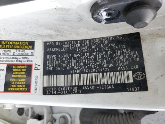 4T4BF1FK6CR214429 - 2012 TOYOTA CAMRY BASE  photo 10