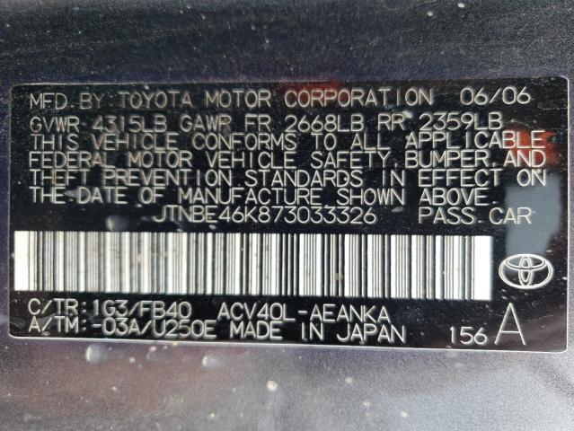 JTNBE46K873033326 - 2007 TOYOTA CAMRY CE GRAY photo 10