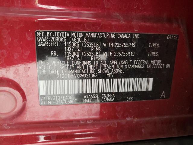 2T3C1RFVXKW024063 - 2019 TOYOTA RAV4 XLE P RED photo 10