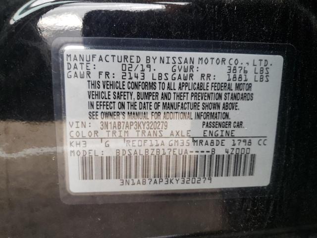 3N1AB7AP3KY320279 - 2019 NISSAN SENTRA S BLACK photo 10